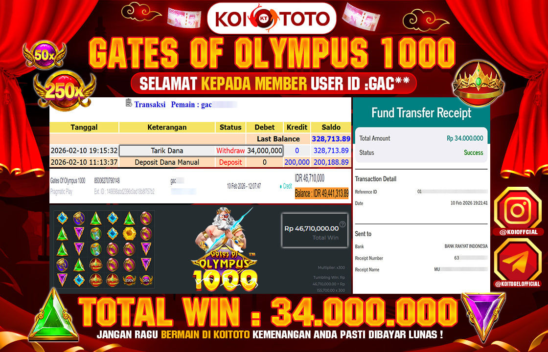MEGA WIN !! MENANG BESAR DI PERMAINAN GATES OF OLYMPUS 1000 !!! KOITOTO BAYAR LANGSUNG LUNAS SEBESAR Rp 34.000.000 !!!