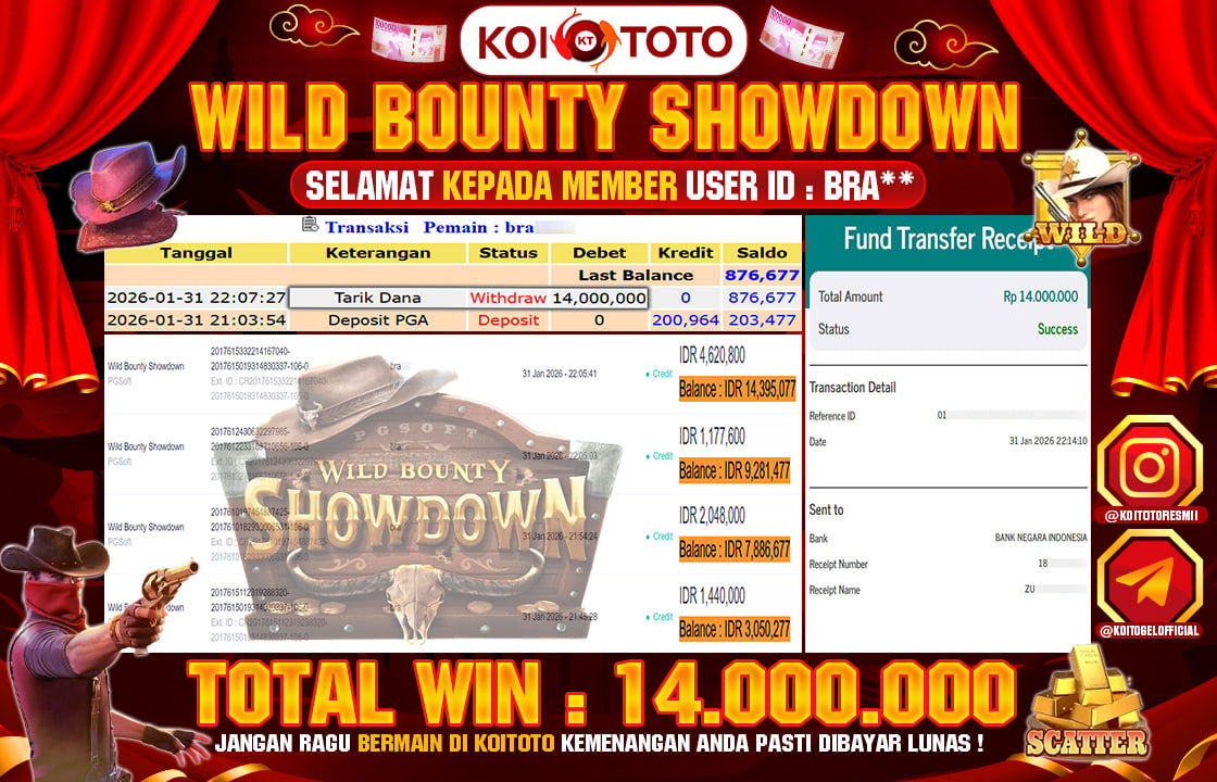 BIG WIN !! MENANG BESAR DI PERMAINAN WILD BOUNTY SHOWDOWN !!! KOITOTO BAYAR LANGSUNG LUNAS SEBESAR Rp 14.000.000 !!!