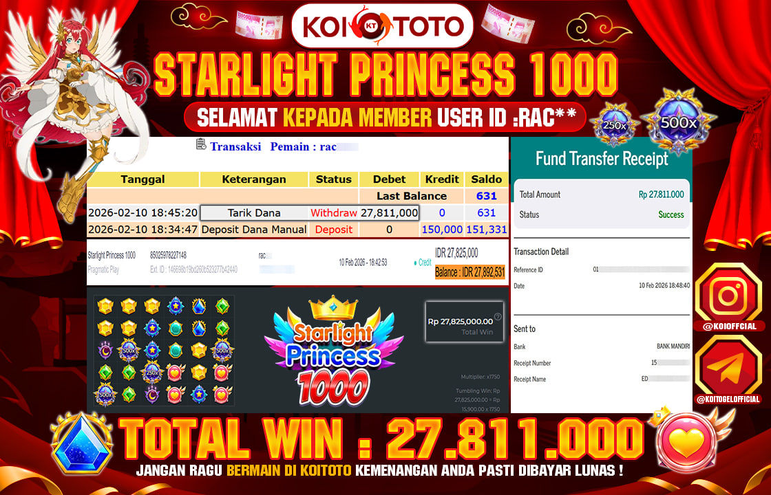 MEGA WIN !! MENANG BESAR DI PERMAINAN STARLIGHT PRINCESS 1000 !!! KOITOTO BAYAR LANGSUNG LUNAS SEBESAR Rp 27.811.000 !!!