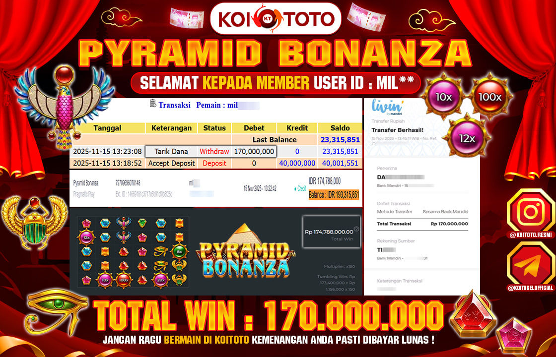 SUPER WIN !! MENANG RATUSAN JUTA DI PERMAINAN  PYRAMID BONANZA SEBESAR Rp 170.000.000 LANGSUNG DI BAYAR LUNAS OLEH KOITOTO !!