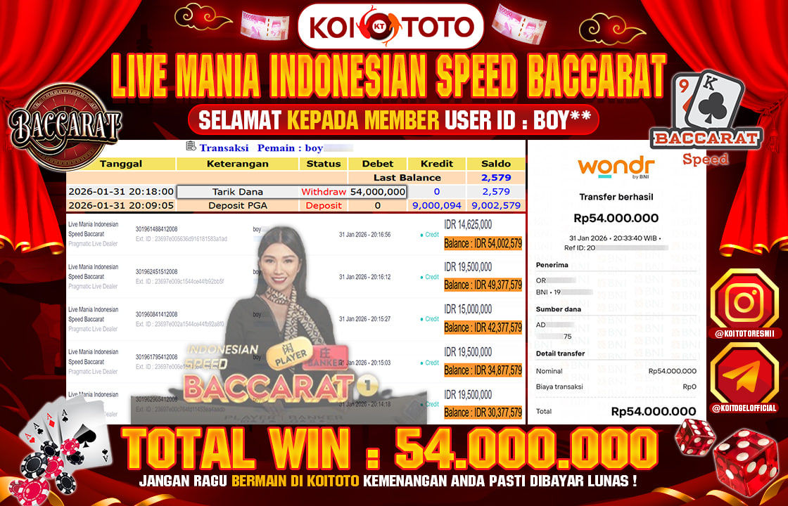 MEGA WIN !! MENANG BESAR DI PERMAINAN LIVE MANIA INDONESIAN SPEED BACCARAT !!! KOITOTO BAYAR LANGSUNG LUNAS SEBESAR Rp 54.000.000 !!!