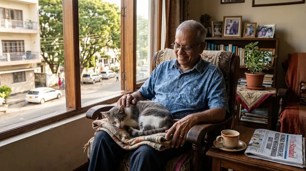 Elderly pet owner with a calm companion animal