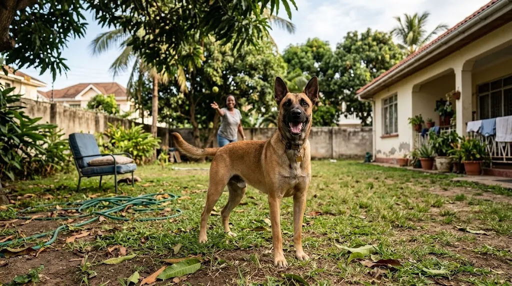 Homeowner with a dog in a secure compound