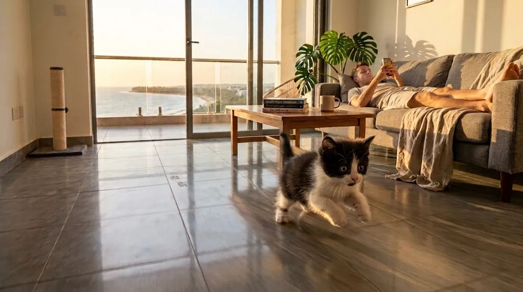 Cat running around the house