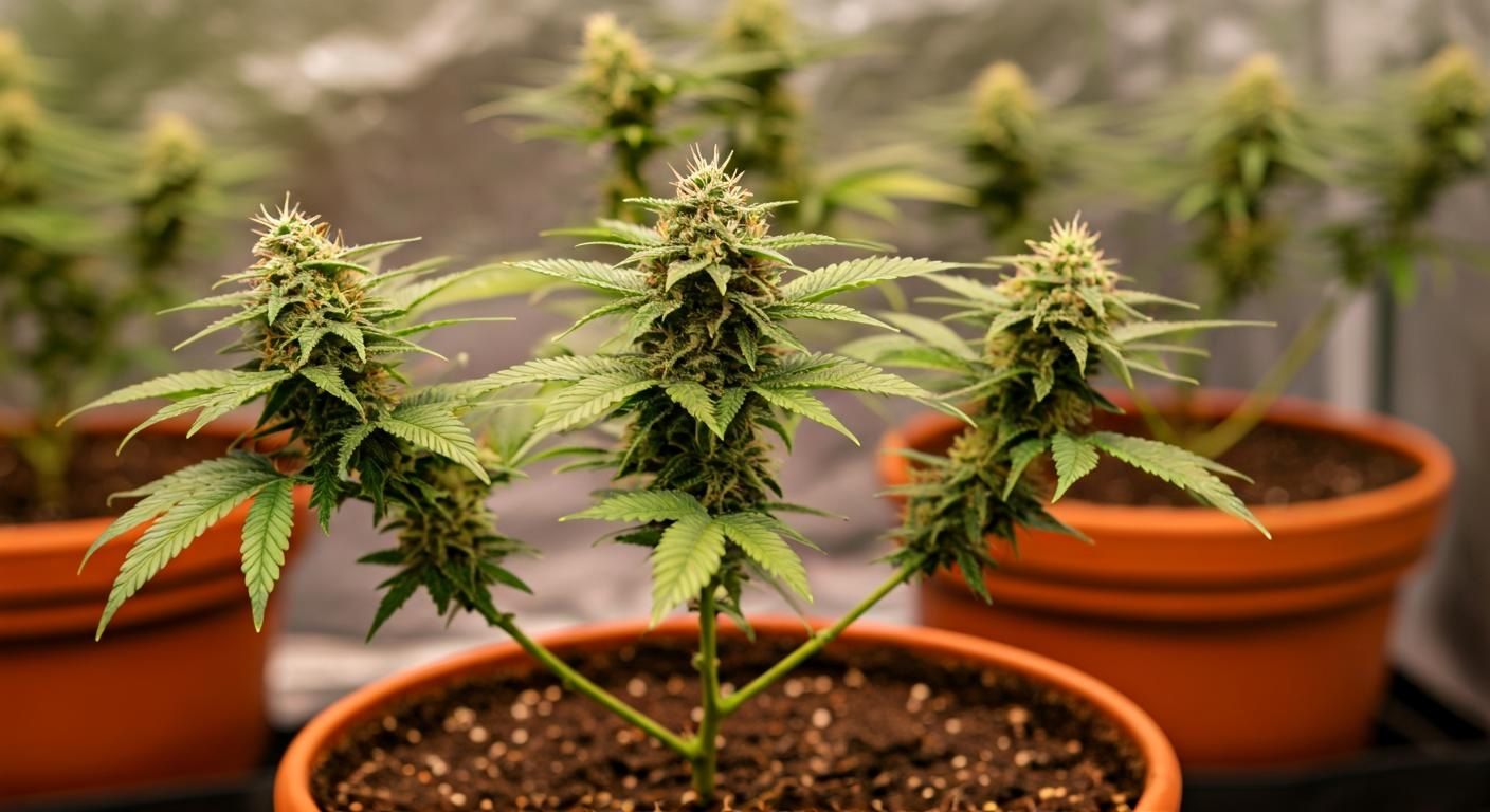 Planta de cannabis autofloreciente en etapa de crecimiento compacto con cogollos densos