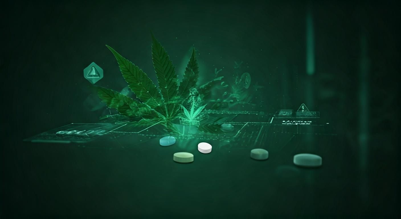 Ilustración de cannabis interactuando con medicamentos, mostrando compuestos como THC y CBD afectando enzimas hepáticas y fármacos como warfarina y benzodiacepinas
