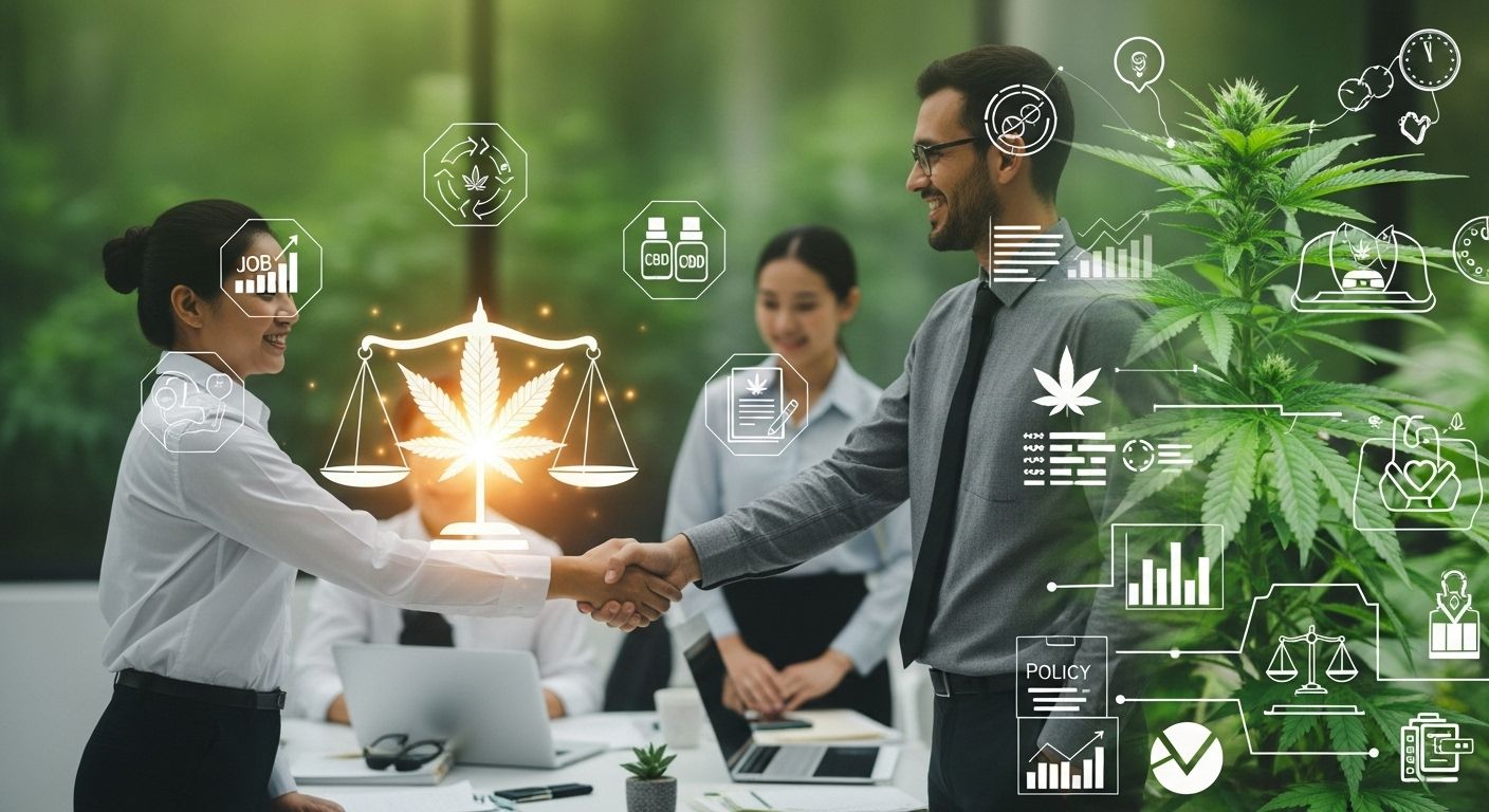 Manos de trabajador sosteniendo una planta de cannabis en un invernadero, representando la industria y empleo del cannabis