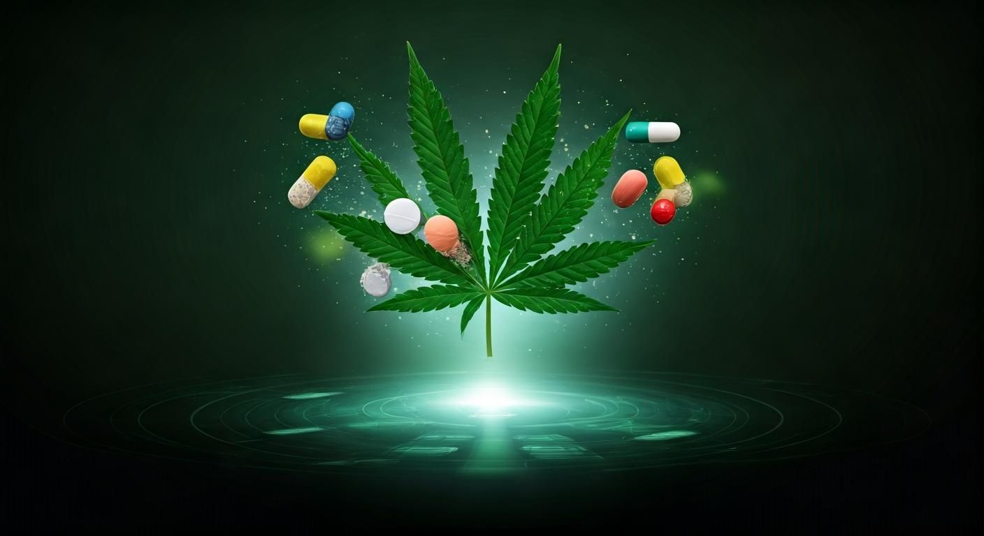 Ilustración de cannabis interactuando con medicamentos en el sistema endocannabinoide