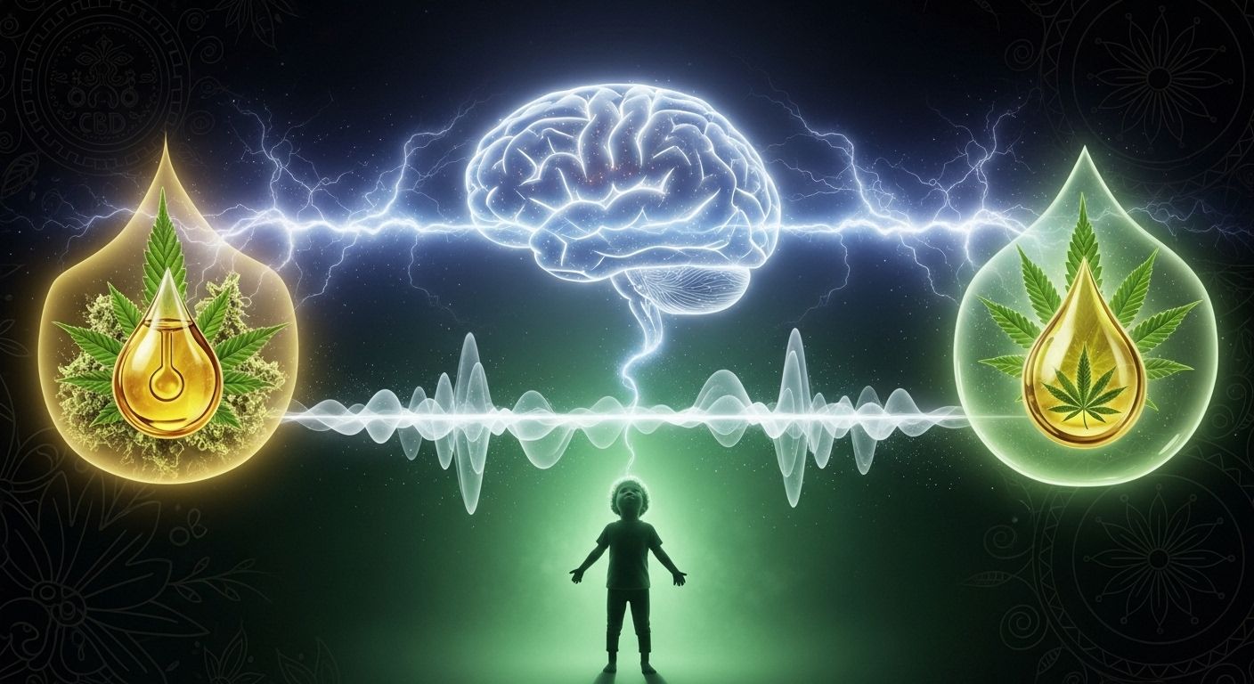 Botella de aceite de CBD junto a elementos representando alivio de convulsiones epilépticas y bienestar neurológico