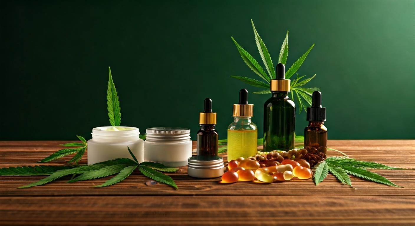 Productos variados de CBD incluyendo cosméticos, alimentos como gummies y suplementos en un mercado en crecimiento