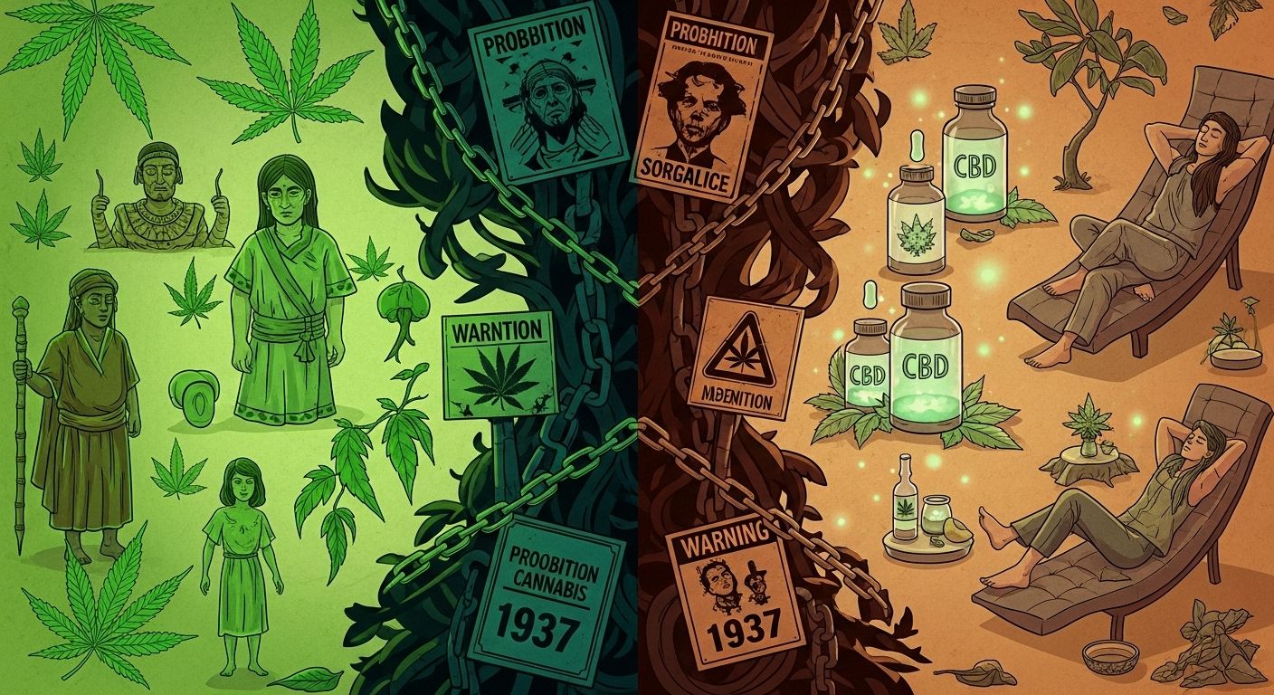 Planta de cannabis con hojas verdes en entorno histórico ilustrando sus orígenes medicinales antiguos