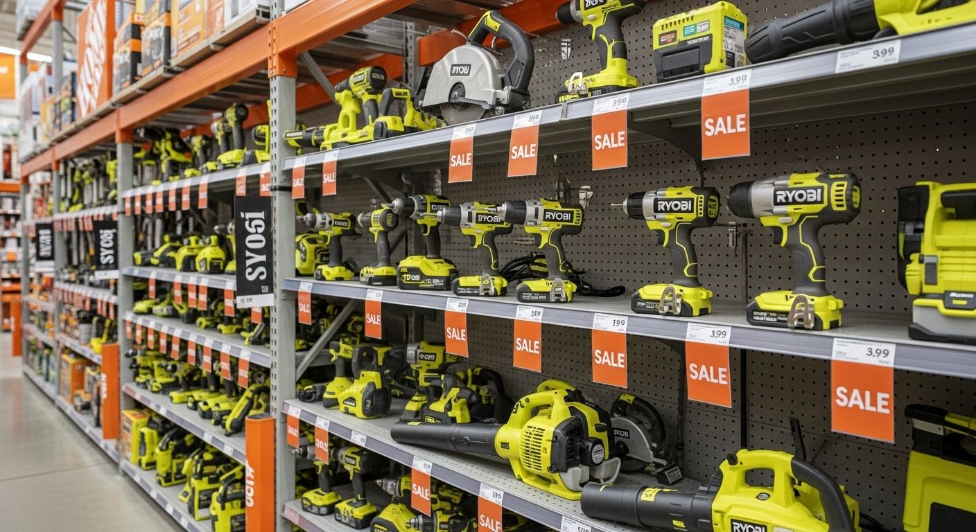 home depot ryobi sale display with discounted tools