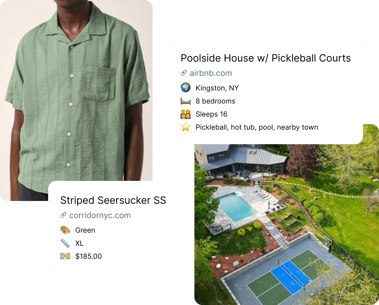 Two jots, one a shirt with the color, size and price; the other a large rentable house with location, number of beds, number of guests, and property highlights.