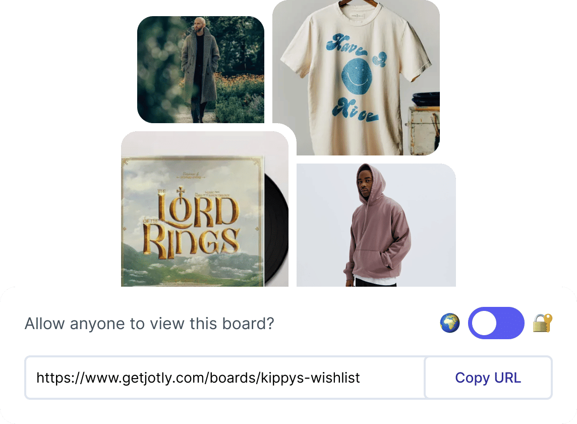 A jotly board overlayed with a share UI, allowing the user to make the board public and copy the URL to share.