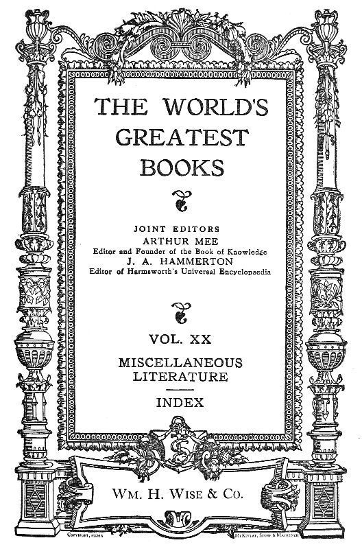 Book cover for The World's Greatest Books — Volume 20 — Miscellaneous Literature and Index