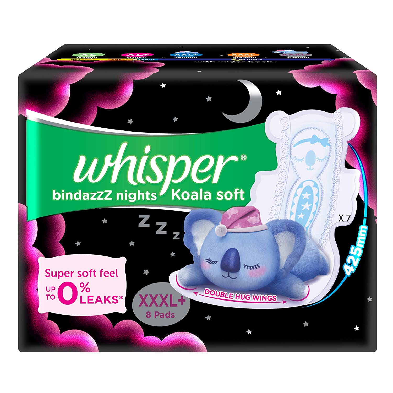 WHISPER BINDAZZZ NIGHTS KOALA SOFT XXXL+4 PADS 425MM