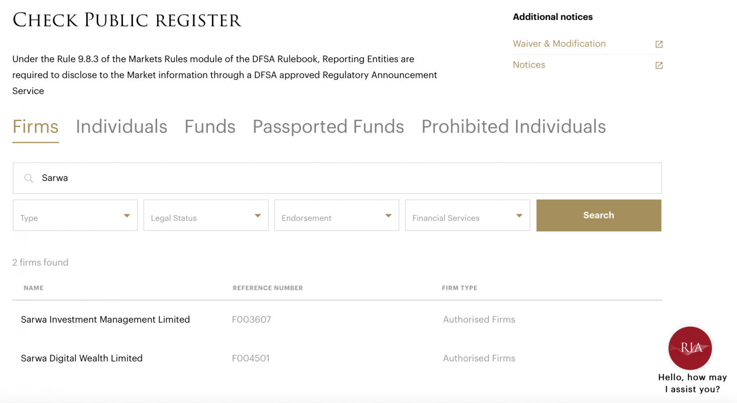 picture of DFSA public register
