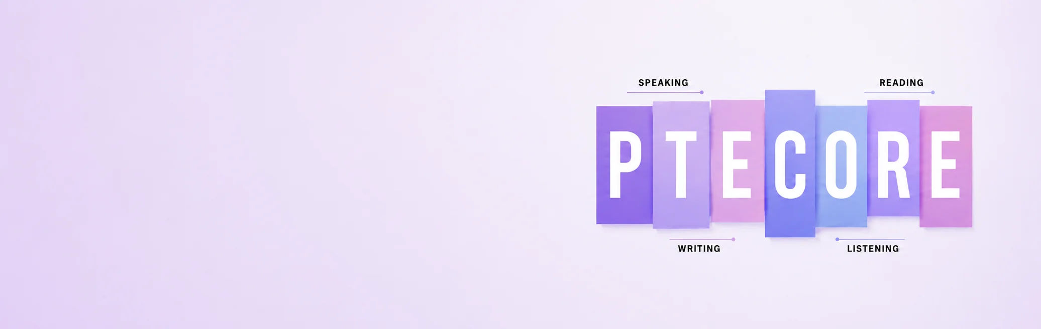 PTE Core logo showing speaking, writing, reading, and listening