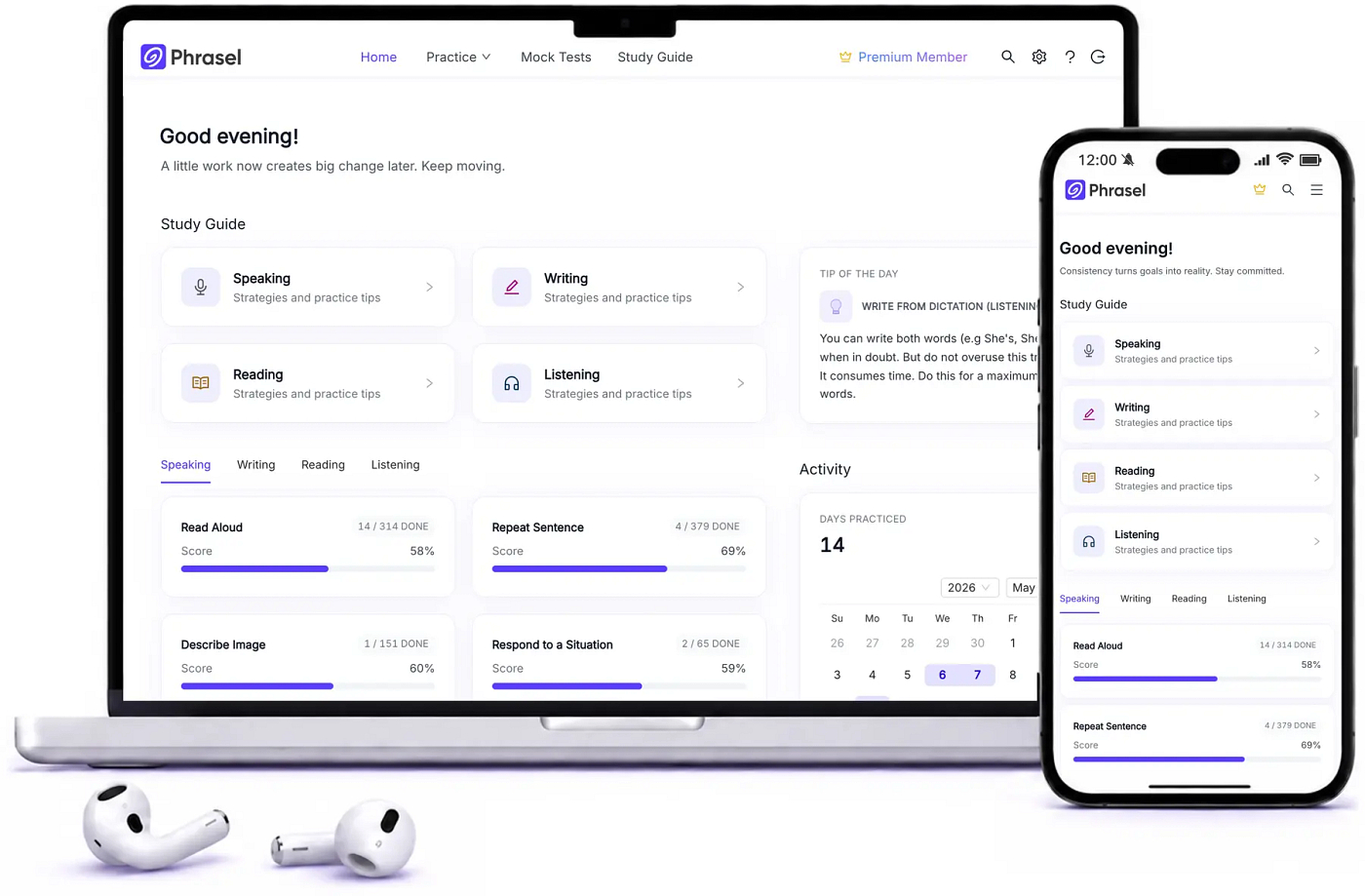 Phrasel PTE Core practice app screenshot: dashboard and study tools on mobile and desktop.
