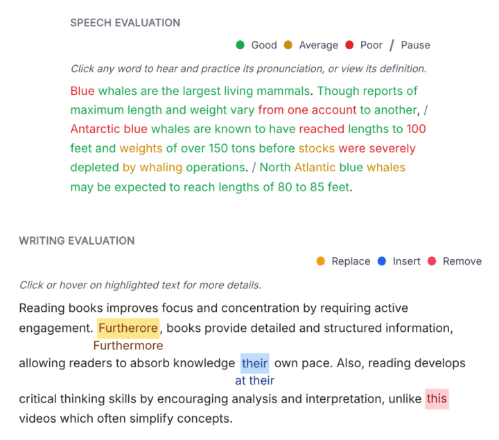 Phrasel speaking and writing score feedback broken down by PTE Core scoring criteria