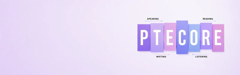 PTE Core logo showing speaking, writing, reading, and listening