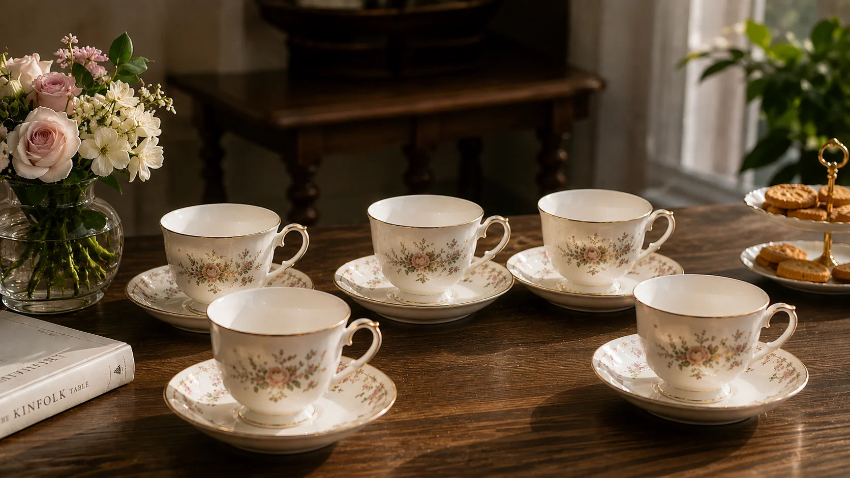 Bone China Cups and Saucers arranged on an elegant dining table