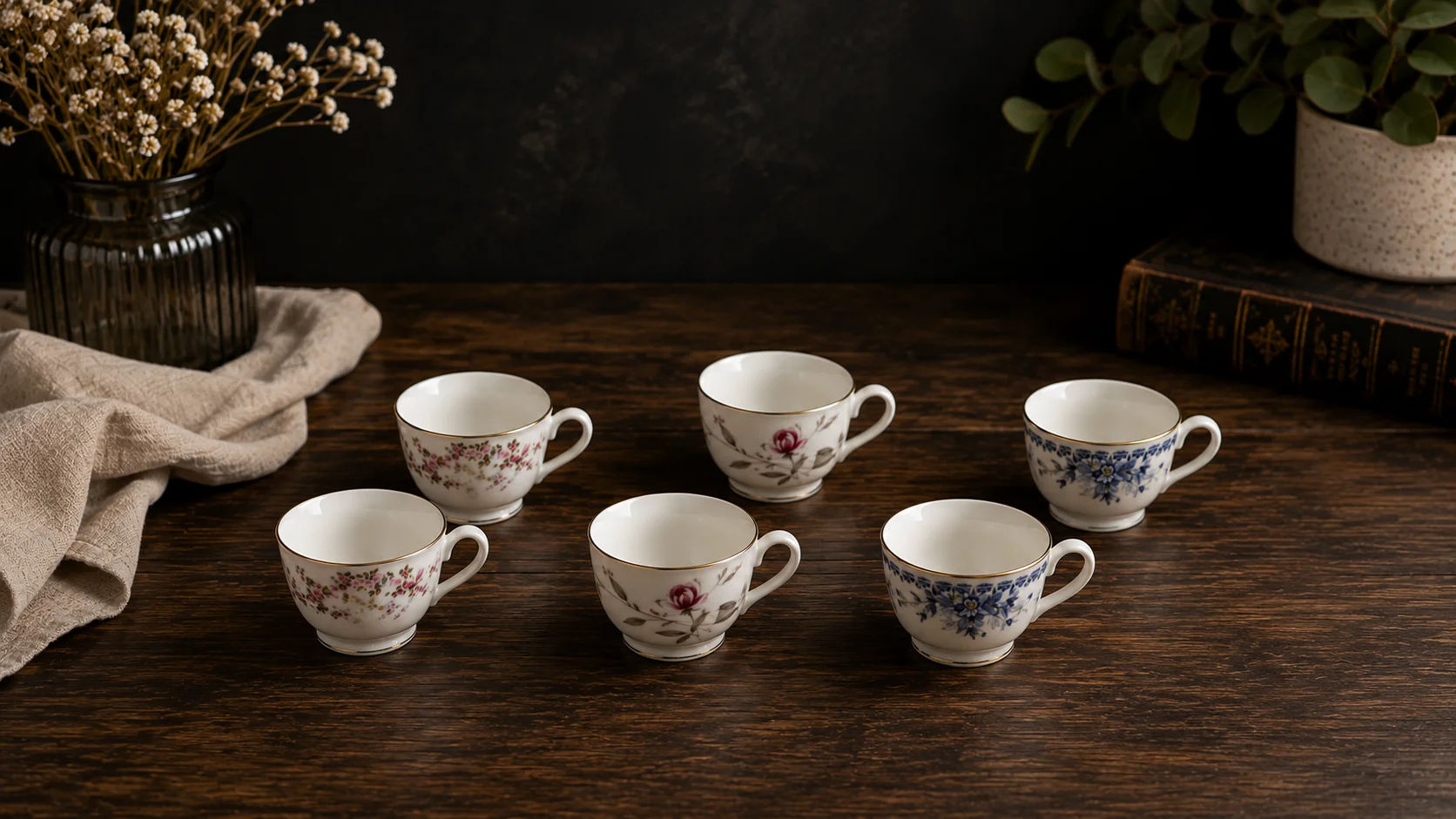 Tea cups online arranged on a wooden table
