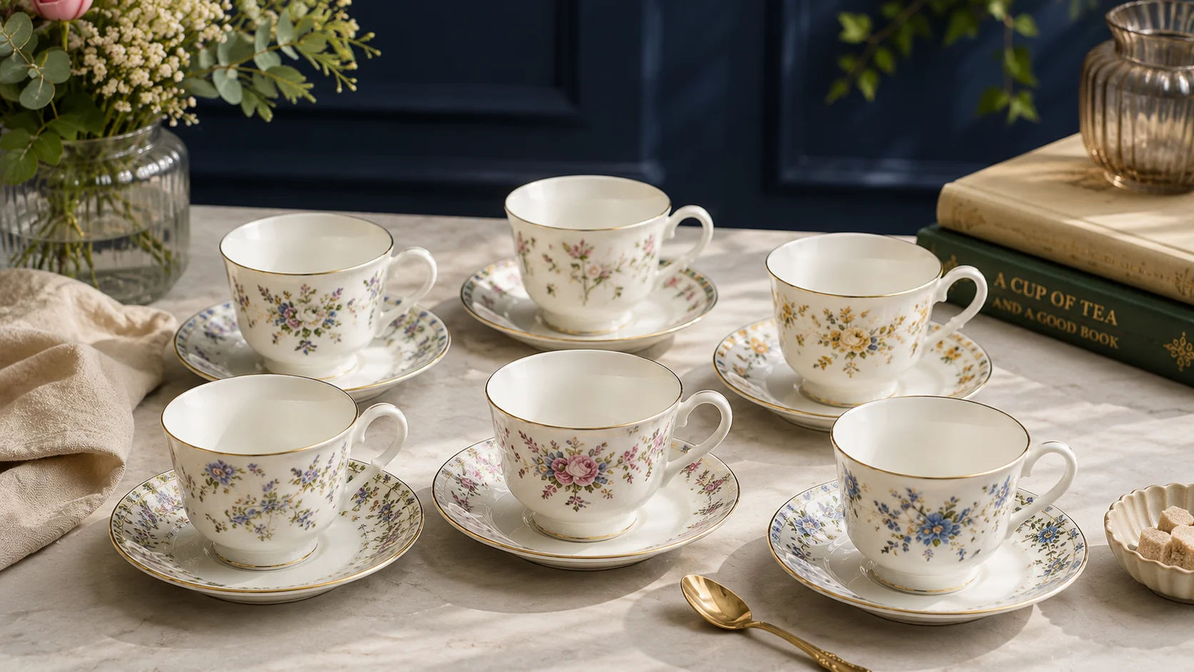 Tea Cup and Saucer Online set with matching floral cups