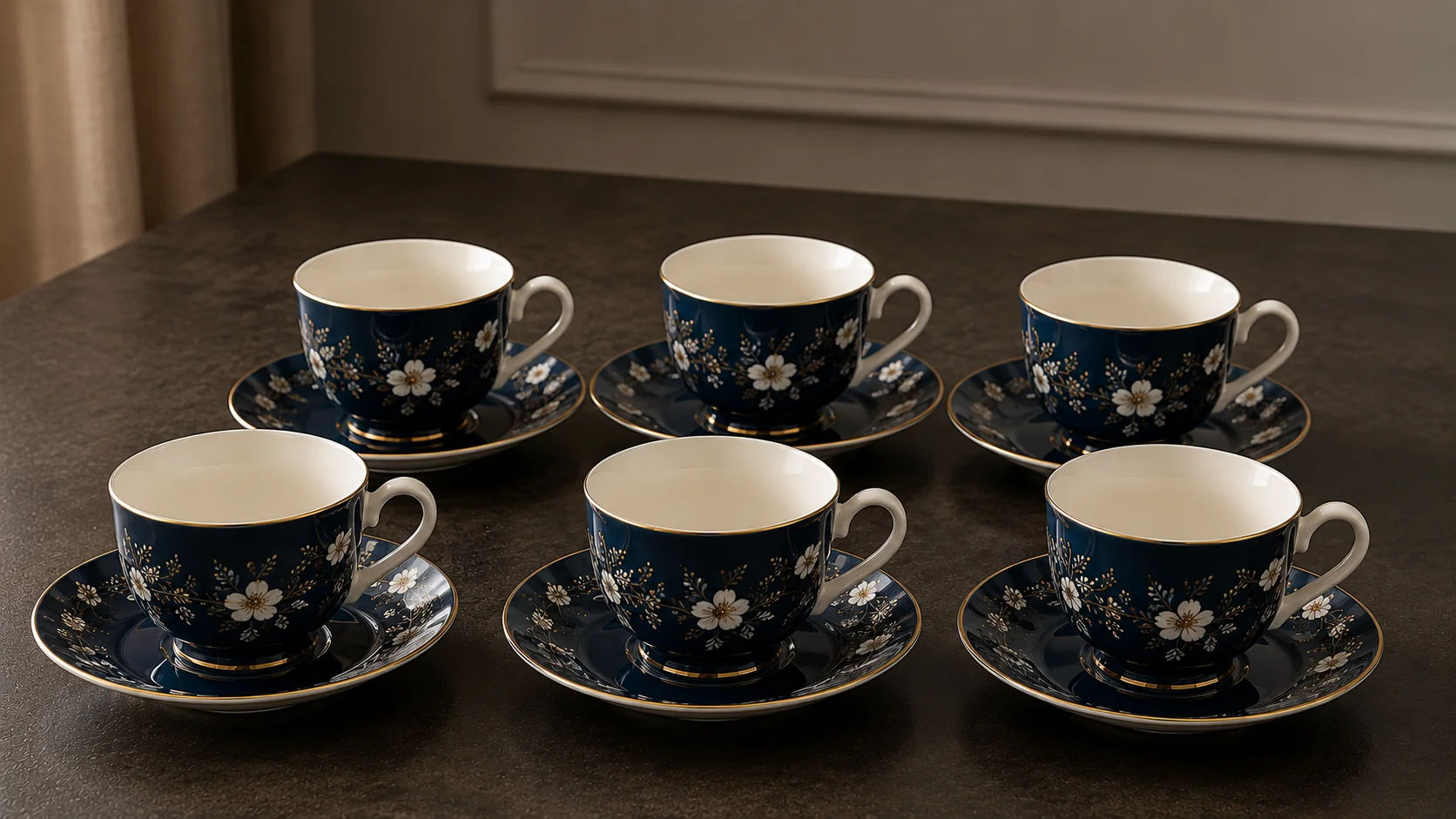 Tea Cup Set with Saucers in an elegant home setting