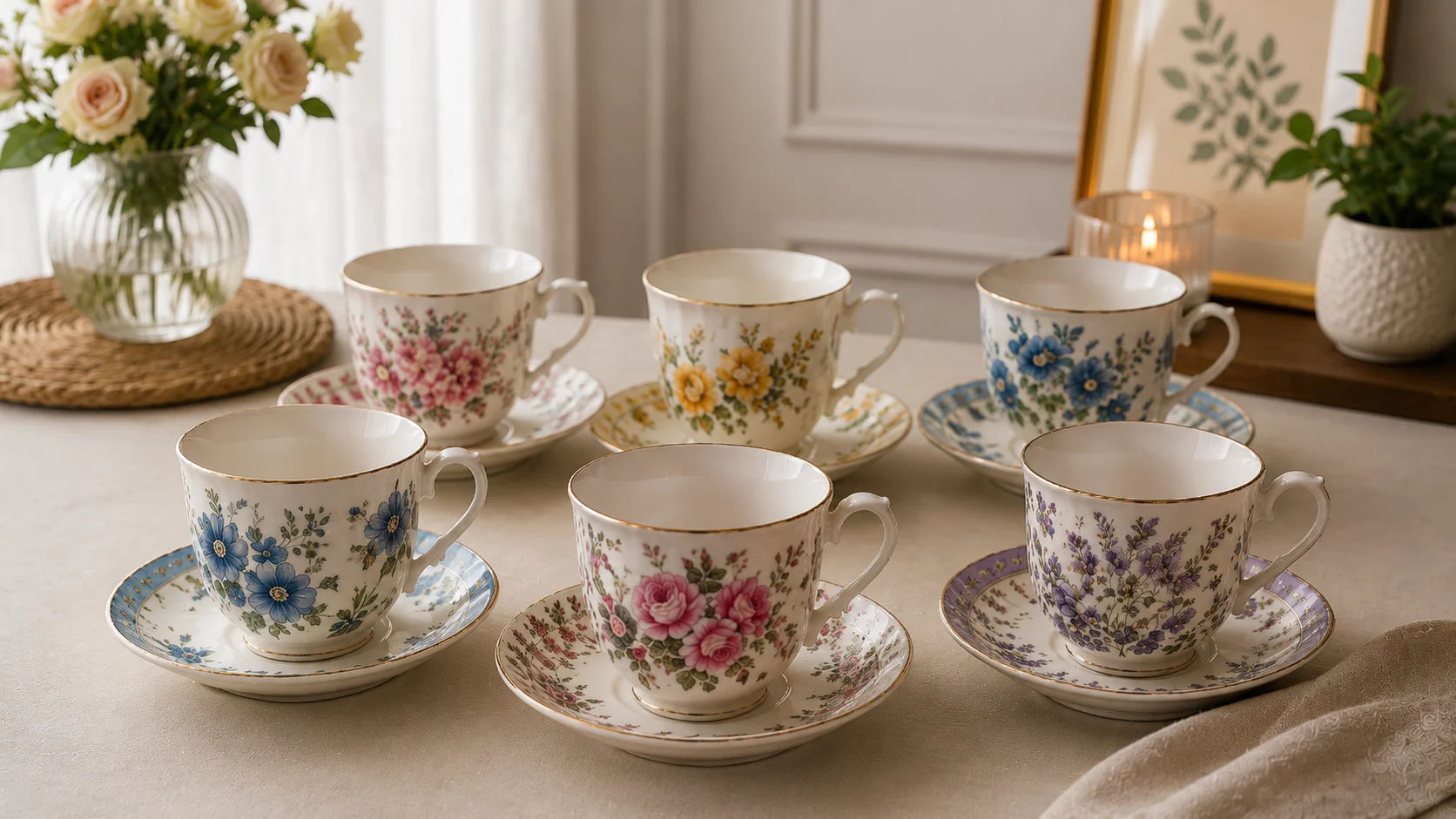 Porcelain Tea Cups and Saucers in a coordinated floral design