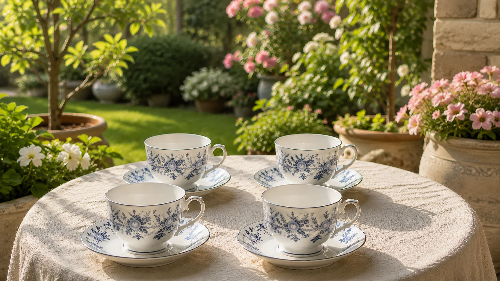 Fine China Tea Cups with matching saucers arranged in a garden