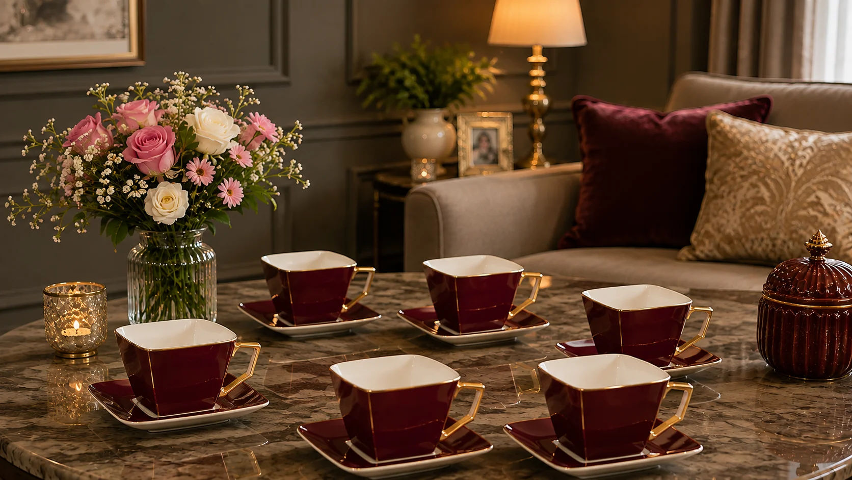 Elegant tea cup and saucer set styled for an elegant living room