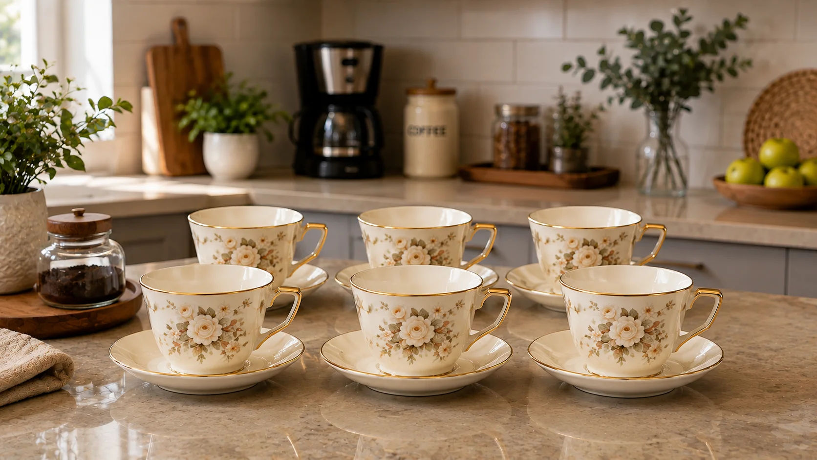 Coffee Cup and Saucer Set arranged in a modern kitchen