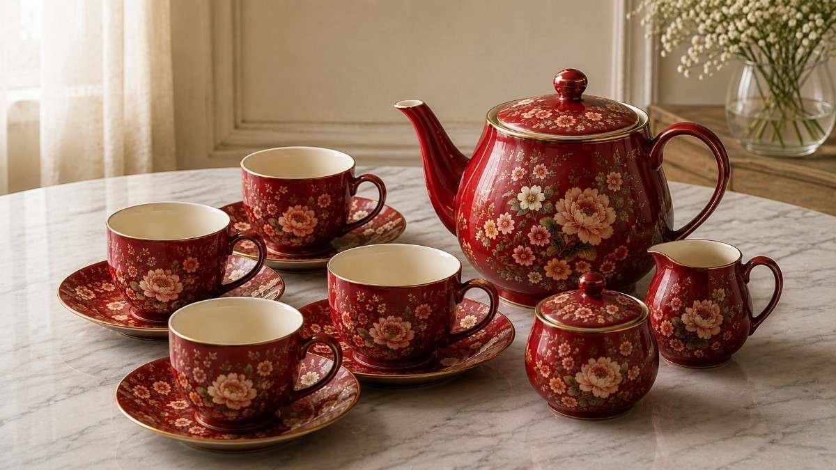 Elegant red ceramic tea pot and cups with floral patterns