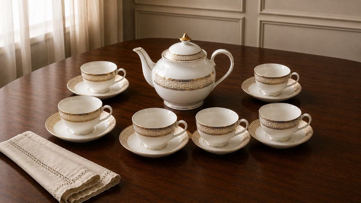 Premium Tea Set for Six featuring six cups, saucers and a decorative teapot