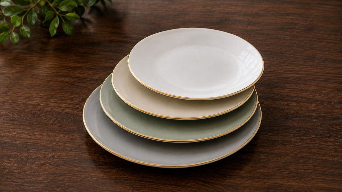 Stack of elegant gold-rimmed plates in white, cream, sage and grey
