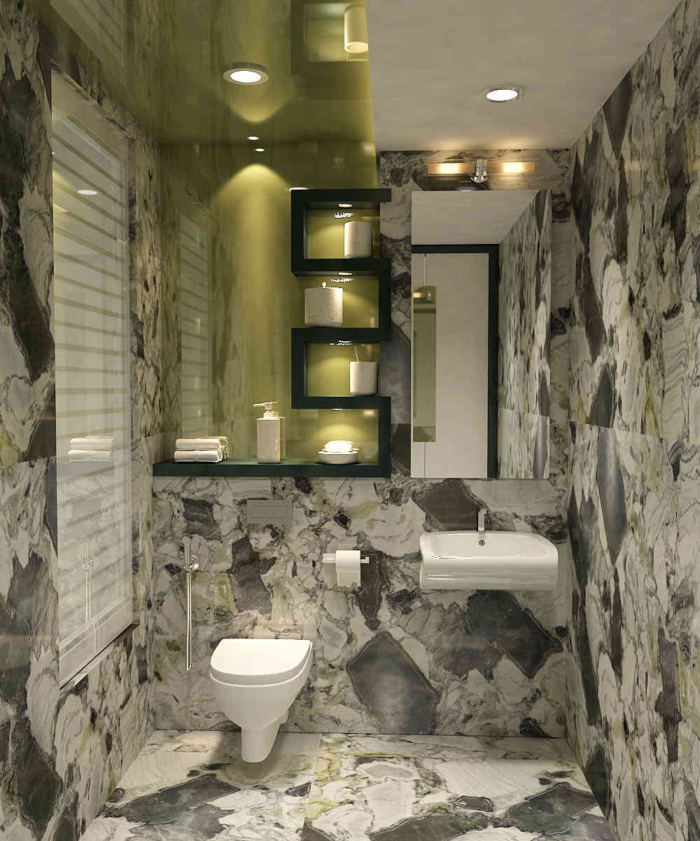 Use of Marble in Small Bathroom with Open Shelving