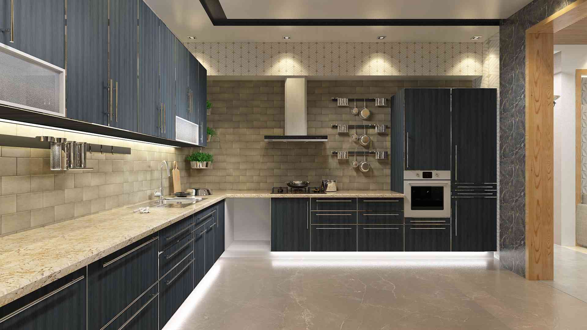 Modern L Shaped Kitchen Design With Beige Wall Brick
