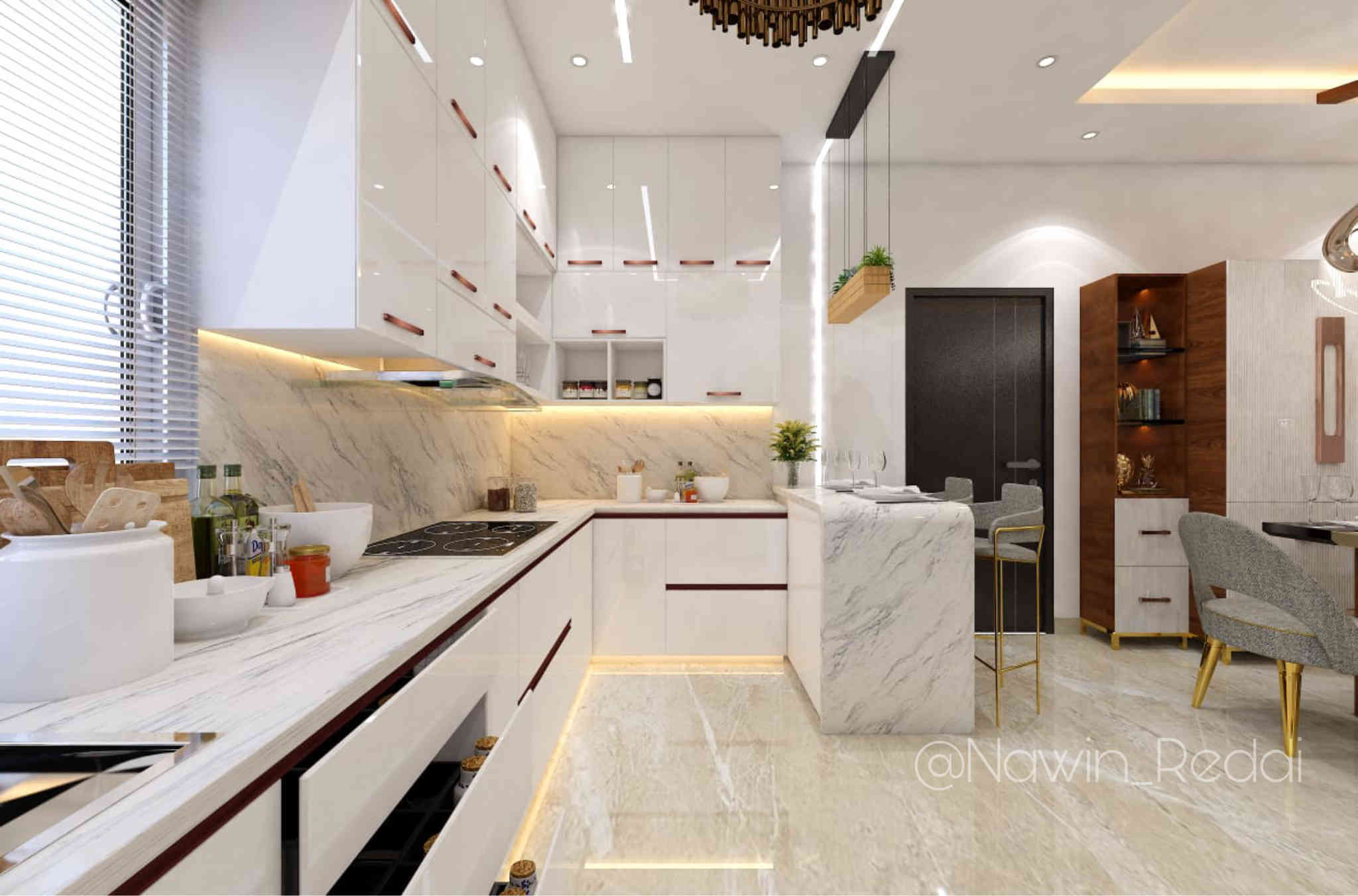 Modular Kitchen Design With White Marble
