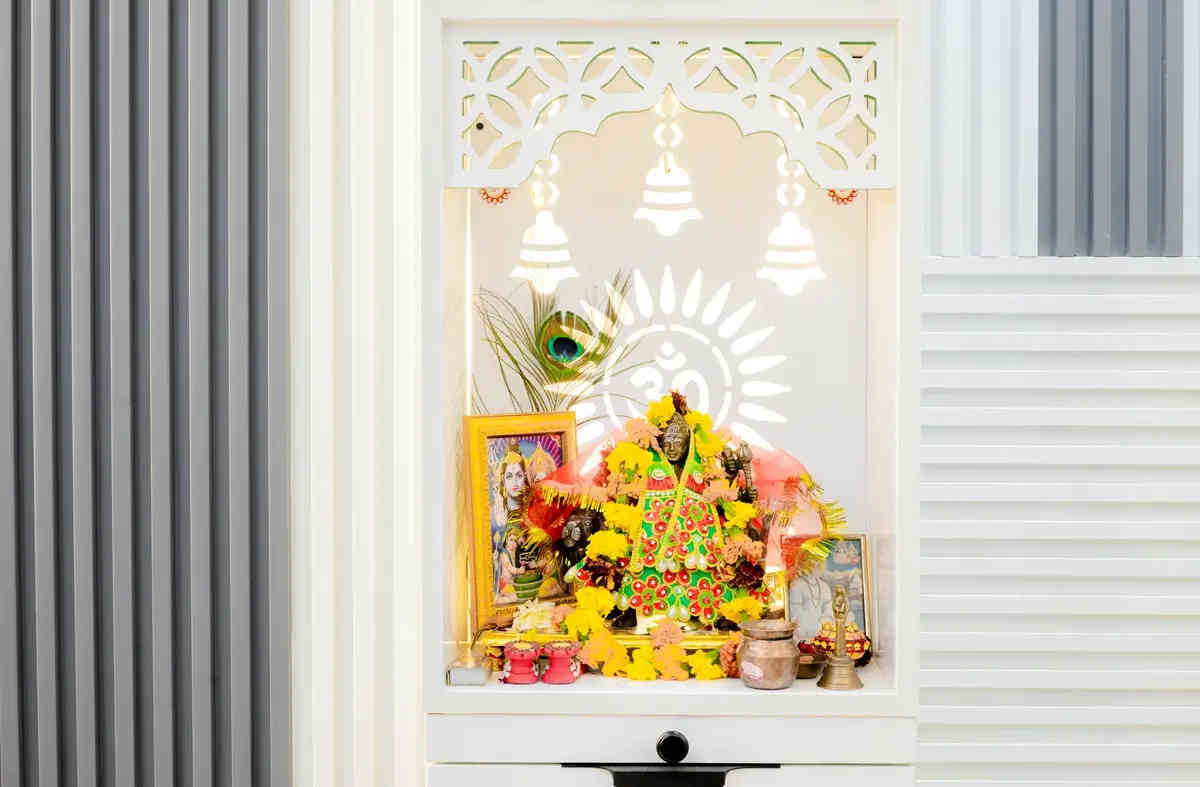 Puja Section Made up of CNC PVC Laminates, High Gloss and POP Work by Sanchita Priyadarshini