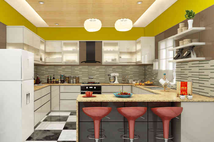 U-Shaped Modular Kitchen Design With White Cabinets by Rid Interiors