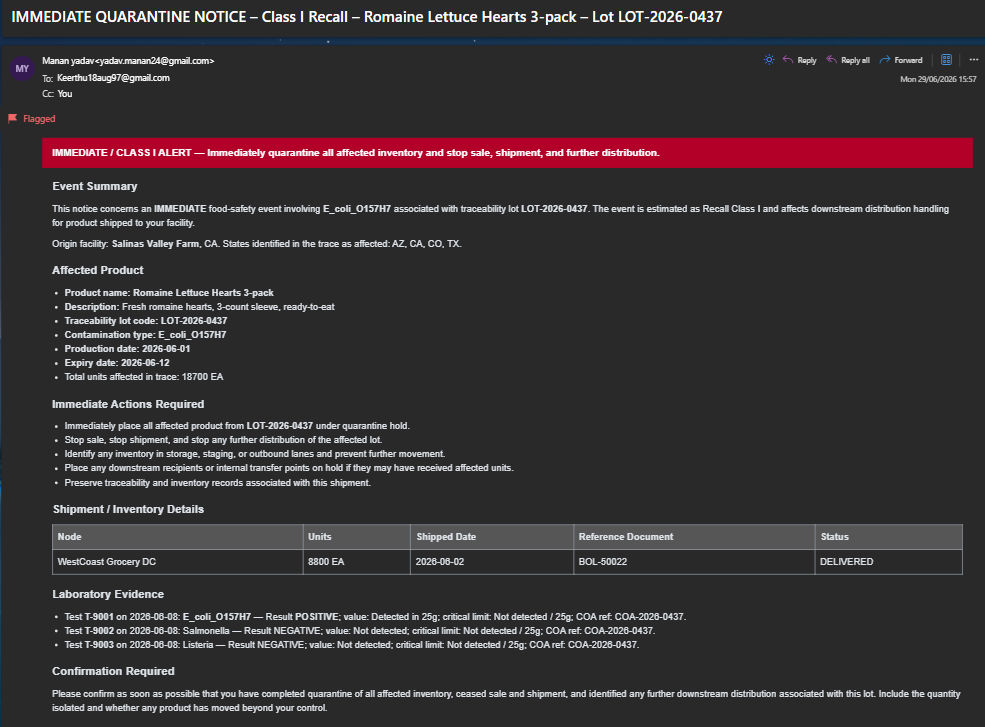 Quarantine notification output
