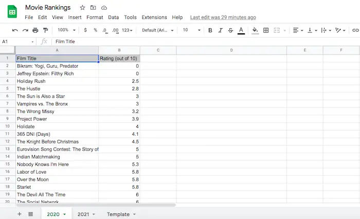 log movies google sheets template