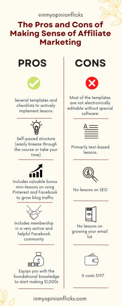 making sense of affiliate marketing review pros and cons infographic