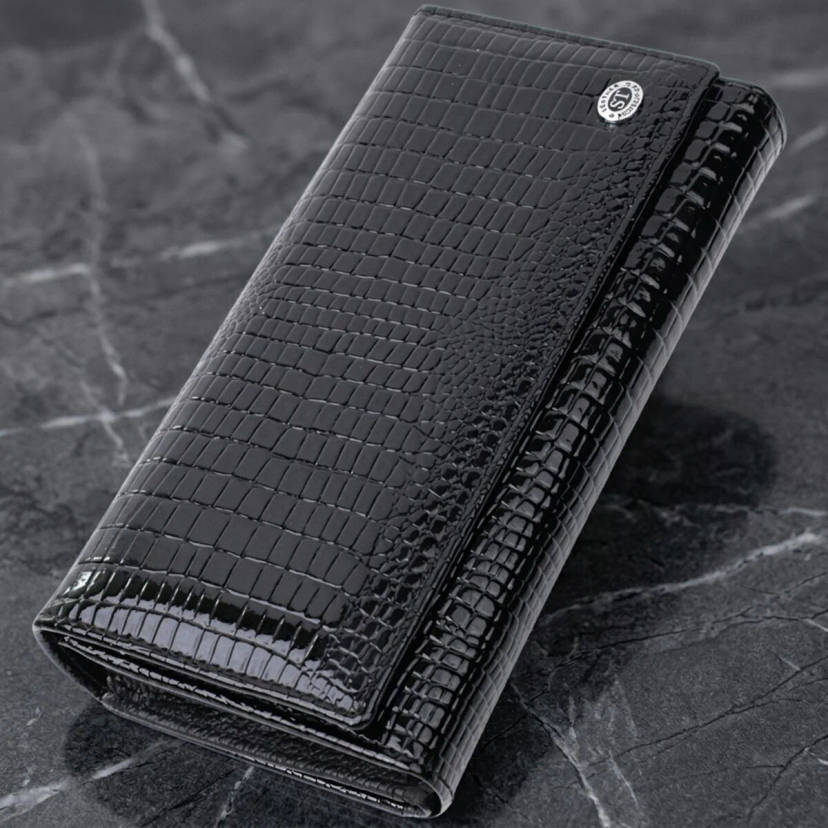 Лакований шкіряний гаманець з блоком для кредитних карток ST Leather 22683 Чорний