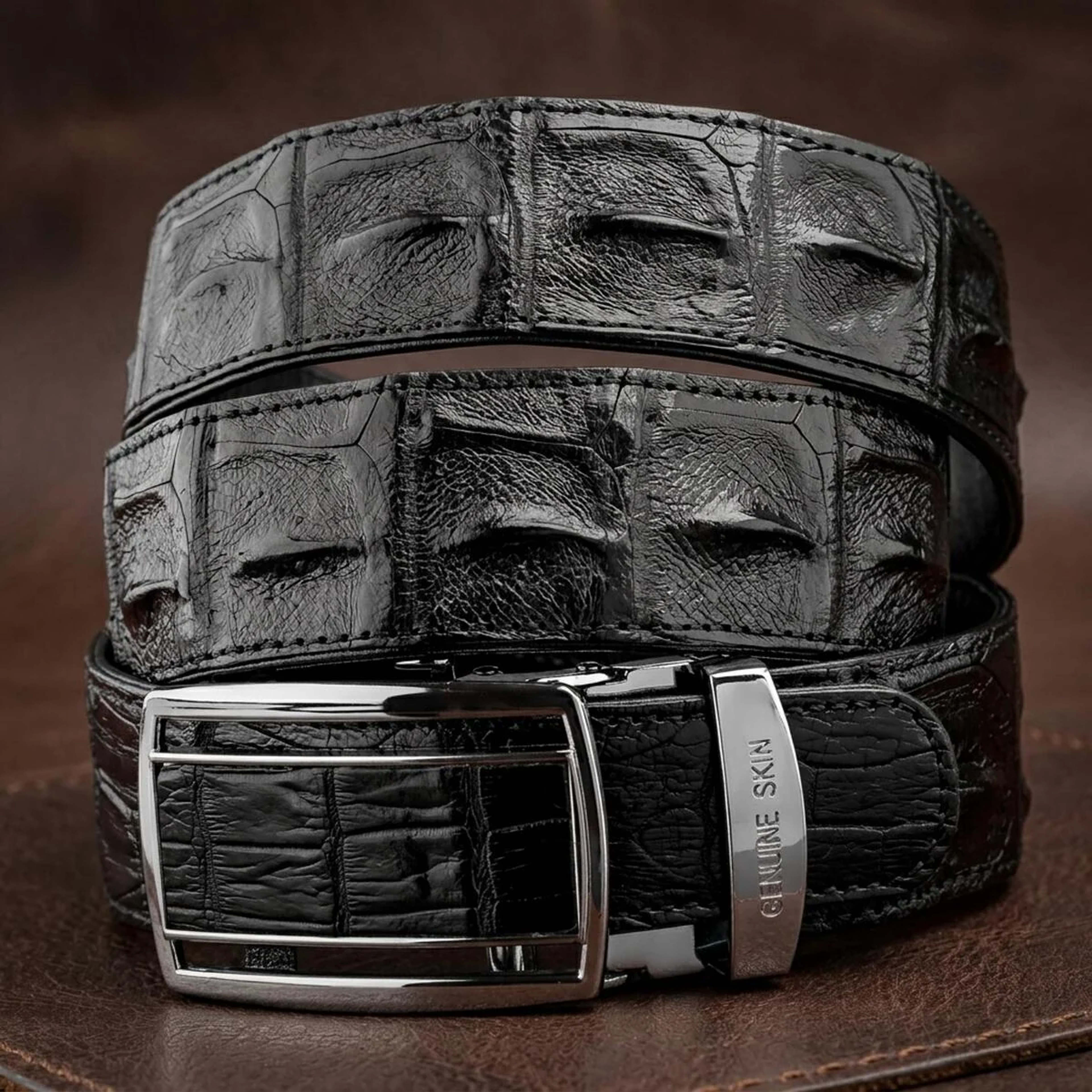 Ремінь-автомат CROCODILE LEATHER 18236 з натуральної шкіри крокодила (каймана) Чорний