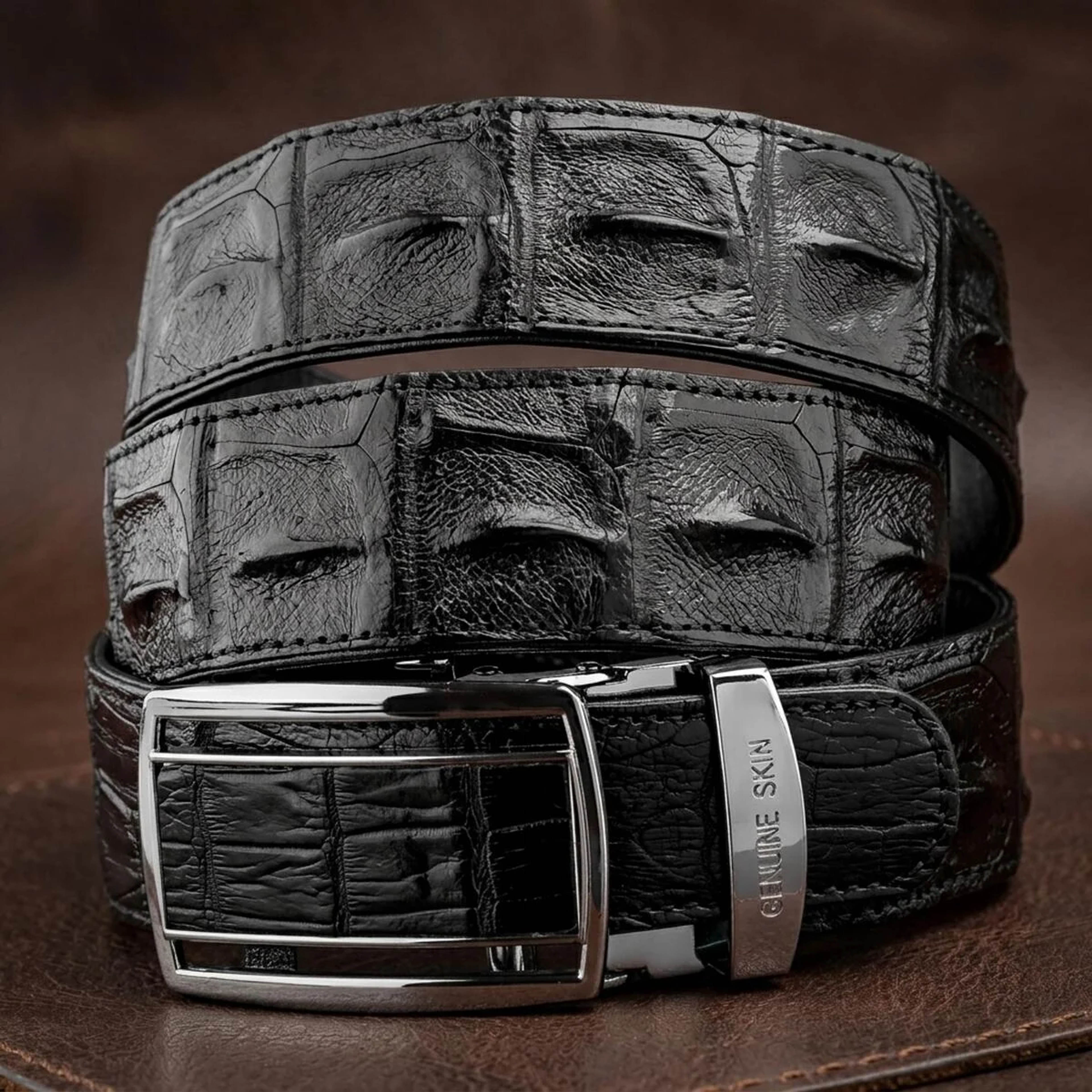 Ремінь-автомат CROCODILE LEATHER 18236 з натуральної шкіри крокодила (каймана) Чорний