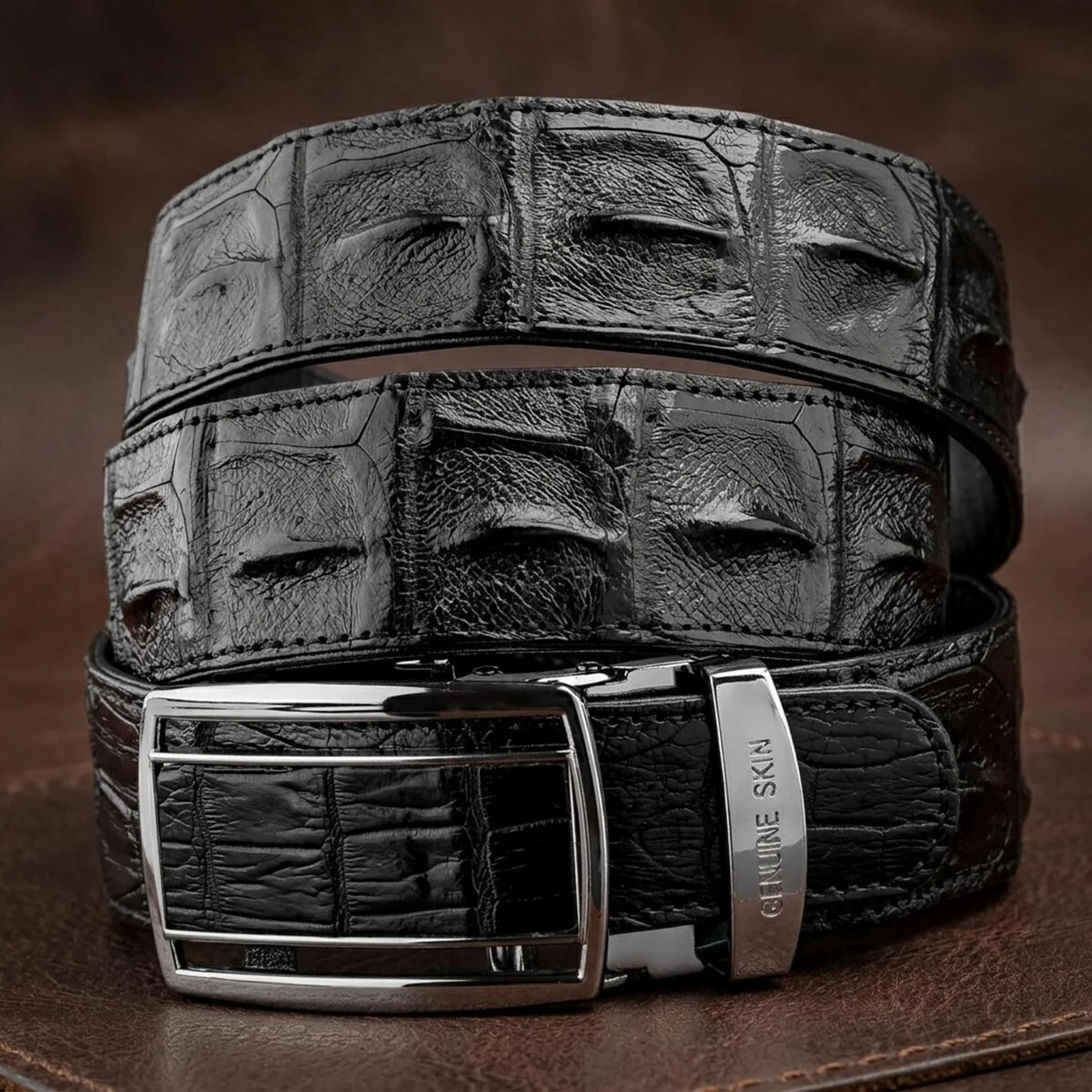 Ремінь-автомат CROCODILE LEATHER 18236 з натуральної шкіри крокодила (каймана) Чорний