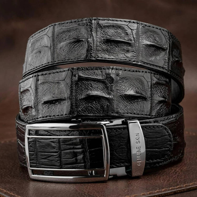 Ремінь-автомат CROCODILE LEATHER 18236 з натуральної шкіри крокодила (каймана) Чорний