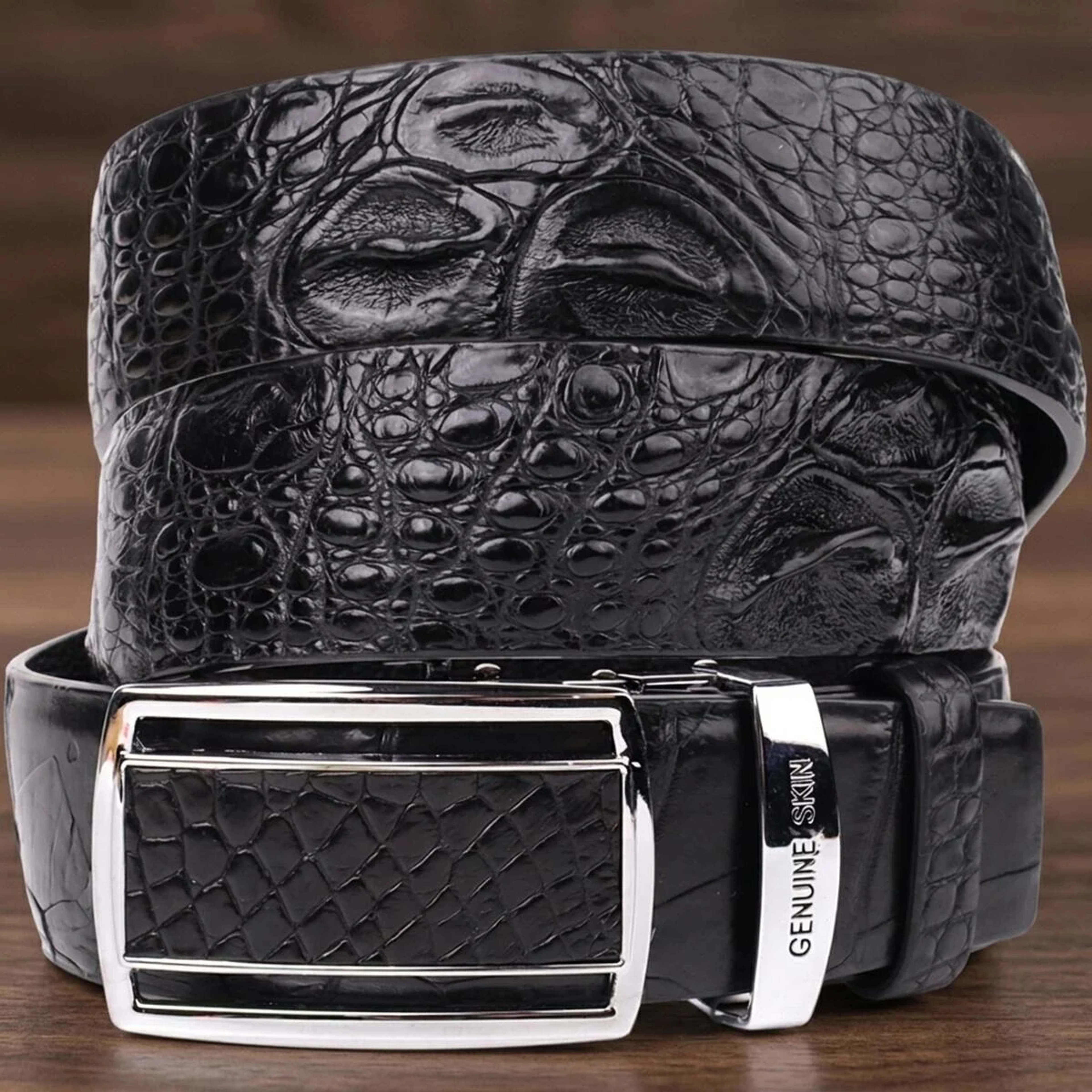 Ремінь-автомат CROCODILE LEATHER 18239 з натуральної шкіри крокодила Чорний